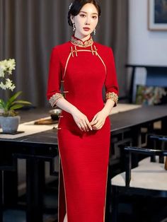 Home 16 Red Cheongsam Dress, Red Chinese Dress, Chinese Clothing Traditional, Chinese Outfits, Red Cheongsam, Red Qipao, Chinese Wedding Dress, Qipao Cheongsam, Cheongsam Dress