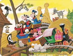 an image of mickey and friends riding on a train with other characters in the background