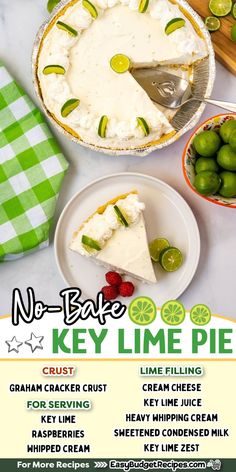 there is a poster for a no bake key lime pie recipe on the table