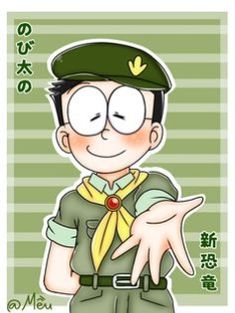 a cartoon character with glasses and a green uniform holding his hands out to the side