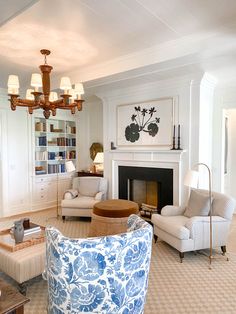 a living room filled with furniture and a fire place in the middle of a room