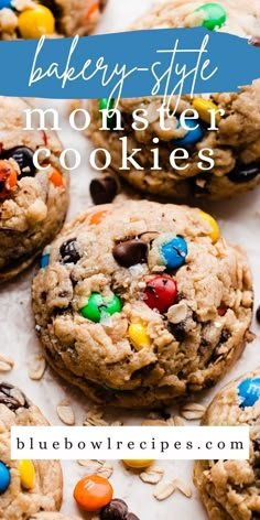 monster cookies with m & m on top and the title above it reads thick and chewy monster cookies