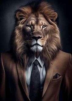 a lion wearing a suit and tie in front of a dark background with only one eye visible