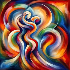 an abstract painting with swirls and colors in the shape of a woman's head