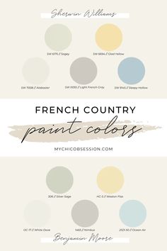 the french country paint color palette is shown in different shades and sizes, including blue, yellow