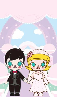 a cartoon couple holding hands on a wedding day with the bride and groom dressed in black