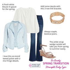 Springtime weather is so finicky! It could be snowing, raining, windy, humid, warm, or sometimes you get those perfect spring days. Ankle Strap Wedges, Tweed Jacket, Link Bracelets, Bootcut Jeans