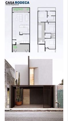 the floor plan for this modern house is shown in three different sections, including an entrance and