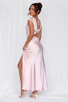 Length from shoulder to hem of size S: 143cm.  Chest: 39cm, Waist: 34cm, across front only of size S.  Maxi dress.  Lined.  Model is a standard XS and is wearing size XS.  True to size.  Non-stretch.  Luxurious satin.  High cowl neckline.  Cap sleeve.  Tie to back.  Twist back with cutout.  Split to skirt.  Straight, flowy silhouette.  Zipper with hook eye closure.  Cold hand wash only.  Polyester.   This material is very delicate. Please handle with care.    Please Note: This product is a Hello Molly Exclusive.    Step into a world of enchantment with Hello Molly's newest bridesmaid collection, Wedding Parlour.  Introducing a captivating style, designed with a high cowl neckline and delicate cap sleeves, evoking timeless elegance and femininity. The tie-back feature adds a charming touch, Modest Pink Bridesmaid Dresses, Shades Of Pink Bridesmaid Dresses, Pink Chiffon Bridesmaid Dresses, Candy Dress, Skirt Straight, Bridesmaid Inspiration, Pink Cap, Mesh Maxi Dress, Pink Bridesmaid Dresses