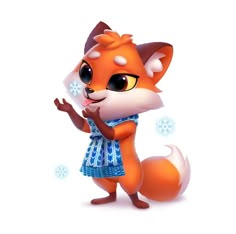 a cartoon fox wearing a blue dress with snowflakes