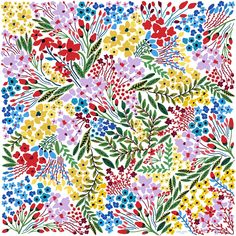 an image of a colorful floral pattern on white paper with red, yellow and blue flowers