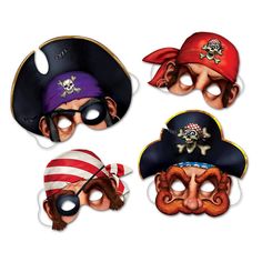 three pirate masks with different colors and designs