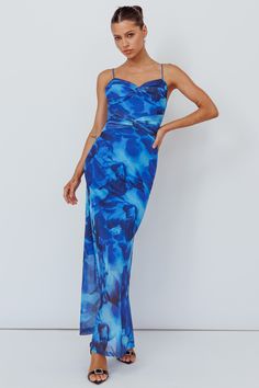 Beulah Twist Bodice Maxi Dress Floral Blue Fitted Blue Maxi Dress With Floral Print, Fitted Blue Dress With Bold Print, Blue Fitted Maxi Dress With Vibrant Print, Blue Fitted Dress With Abstract Print, Blue Floral Print Viscose Dress, Maxi Dress Floral, Blue Maxi Dress, Yellow Bridesmaid Dresses, True Winter