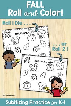 two fall roll and color worksheets for kids to practice numbers 1 - 10