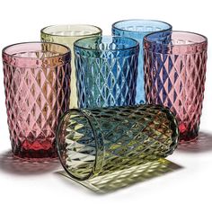 PRICES MAY VARY. Package Included: Set of 6 drinking glasses with 3 different colors, each cup measures about 3" D x 5" H. Capacity: 12 ounces. The size is just right for a variety of drinks. Premium Material: Our highball glasses are crafted from durable, BPA-free and 100% lead-free heavy glass material. Also, each tumbler is designed with sturdy construction which ensures the stability. Vintage Style Design: The colored drinking glasses are designed with embossed diamond-shaped pattern that pr Bloom Gin, Colored Drinking Glasses, Mexican Glassware, Unique Glassware, Vintage Drinking Glasses, Highball Glasses, Colored Glassware, Stained Glass Jewelry, Highball Glass