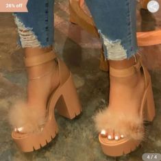 Nwot, Never Worn Tan/Nude Fur Sandals In Size 9 But Fit More Like A 9.5/10 Kasut Wanita, Chunky Heels Casual, Fur Heels, Casual High Heels, Roman Style, Open Toe High Heels, Super High Heels, Casual Slippers, Chunky Heels Sandals