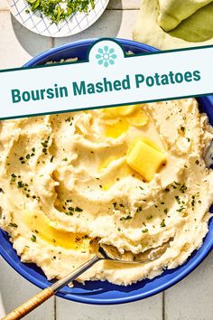 mashed potatoes in a blue bowl with a sign that says boursin mashed potatoes