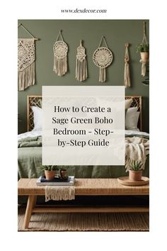 Sage green boho bedroom with macrame wall decor, rattan bed frame, and neutral bedding. Text overlay: "How to Create a Sage Green Boho Bedroom - Step-by-Step Guide". Boho Bedroom Green Accent Wall, Sage Boho Bedroom, Green Bedspread Room Ideas, Boho Sage Green Bedroom, Sage Green Boho Bedroom, Boho Bedroom Green, Sage Green Color Palette, Green Boho Bedroom, Kitchen Tile Inspiration