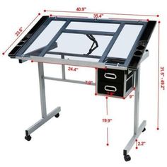 an image of a desk with drawers on it and measurements for the top half of the table