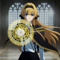 an anime character with long blonde hair holding a circular object