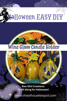 an advertisement for wine glass candle holder with pumpkins and bats on it, in front of