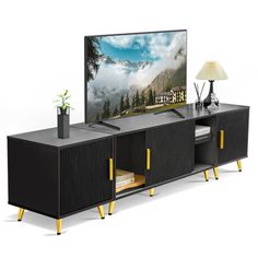 an entertainment center with a flat screen tv on it's stand and yellow legs