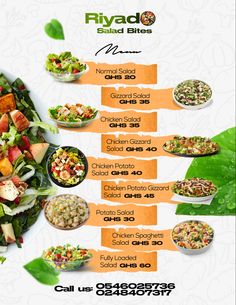 a menu for salads with different ingredients