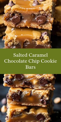 salted caramel chocolate chip cookie bars stacked on top of each other with text overlay