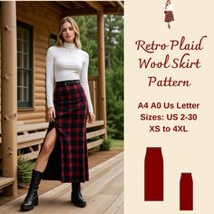 a woman wearing a skirt and boots with the words retro plaid wool skirt pattern on it