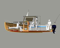 an artist's rendering of a boat with two men sitting on the front and side