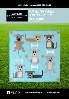 a quilt with dogs on it and the words tail wags written in different languages