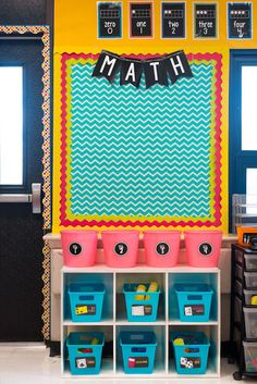 the classroom is decorated in bright colors and has bins with toys on them for storage