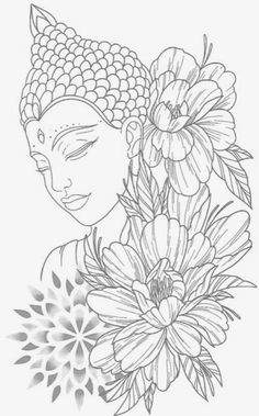 a drawing of a buddha with flowers in front of her face and the words, i am