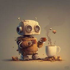 a robot is sitting next to a cup of coffee and holding a mug in his hand