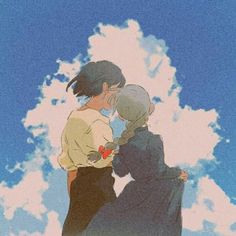 two people standing in front of a blue sky with clouds and one person kissing the other