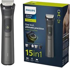 The Philips 7000 Series offers effortless trimming, shaving, and edging for your face, head and body. Includes 15 tools for all your trimming needs
Utilises BeardSense Technology scans beard density 125x per second and can increase cutting power for more bushy or longer beards.
Choose from 26 lock-in length settings, ranging from 0.5mm to 20mm, to achieve the desired trimming and grooming style.
Runs up to 4 weeks on a single charge. Grooming Style, Long Beards, Face Hair, Beards, Shaving, Density, All In One, Personal Care, Technology