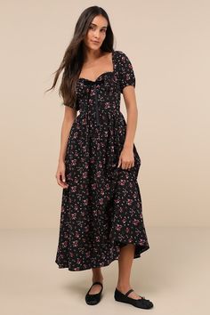 You'll be known for being the most stylish cutie around with the Lulus Lovely Reputation Black Floral Puff Sleeve Bustier Midi Dress! Sleek, stretch-woven fabric boasts a romantic pink and red floral print throughout as it shapes a bustier-inspired bodice with lace-trimmed, lightly gathered cups and a sweetheart neckline with a velvet bow at the center, framed by short puff sleeves (with elastic at the shoulders and cuffs). The set-in waist tops a flowy, A-line skirt that cascades down to a swee Bustier Midi Dress, Midi Dress Floral, Floral Bustier, Red Floral Print, Bustier Dress, Velvet Bow, Floral Midi Dress, Floral Dress Black, Large Size Dresses