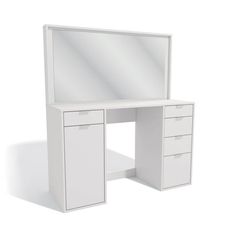 a white desk with two drawers and a mirror