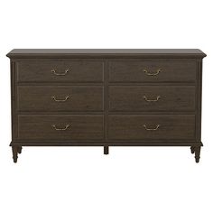 a large brown dresser with gold handles on the top and bottom drawers, against a white background