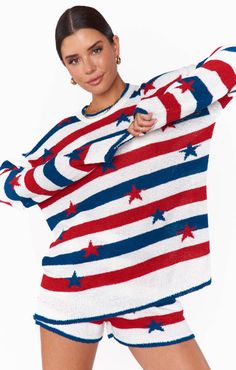 Unleash your inner star with the Go To Sweater. The overlapping star designs and red, white, and blue stripes add a playful touch to this comfy and spirited sweater. Perfect for those who want to stand out and make a statement. Cami Nyc, Tony Bianco, Star Spangled, Solid & Striped, Show Me Your Mumu, Collared Shirt, Knit Shorts, Trina Turk, Show Me Your