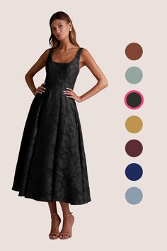 a woman in a black dress standing next to color swatches and the image shows different colors