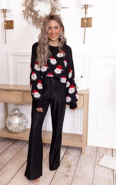 Holiday Santa Party Sweater | S-2X-Sweaters-Krush Kandy Santa Hat Outfit Women, Fun Christmas Outfits, Christmas Outfits Dressy, Christmas Party Sweater, Office Party Outfits, Christmas Sweater Outfits, Santa Faces, Santa Party, Christmas Outfit Ideas