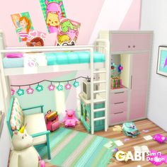 a child's bedroom with bunk beds and toys