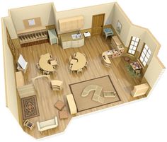 an overhead view of a living room and dining area in a house with wood flooring