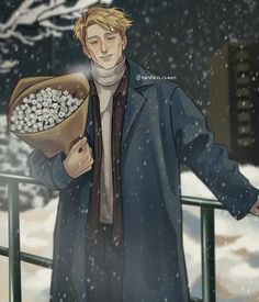 a man is holding a bouquet of flowers in the snow while wearing a coat and scarf