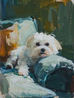 a painting of a white dog sitting on a couch with pillows in front of it