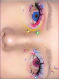 xiaohongshu colorful rainbow eye makeup inspo idea douyin makeup tutorial eyeliner eyeshadow kawaii harajuku Blue Purple Eye Makeup, Hyperpop Makeup, Funky Makeup Creative, Спонж Beauty Blender, Unique Makeup Looks, Make Up Yeux, Perfect Mascara, Rainbow Eye Makeup, Maquillage On Fleek