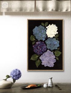 there is a painting on the wall with purple and white hydrangeas in it