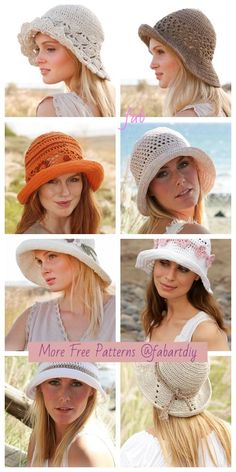 many different pictures of women wearing hats and scarves with the words more free patterns on them