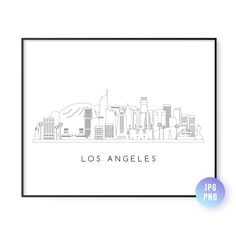 the los angeles skyline in black and white on a white background with a blue circle around it